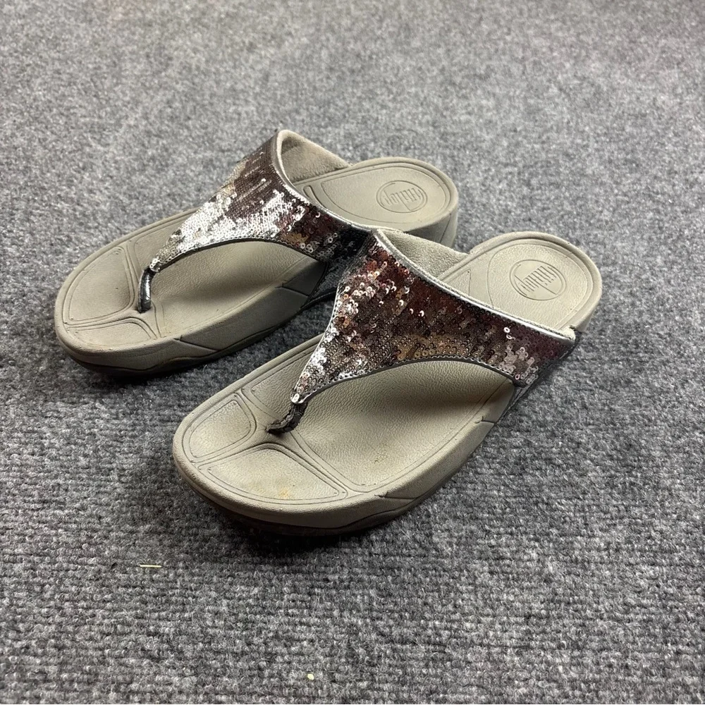 FITFLOP Women’s Grey Lulu Glitter Toe-Post Sandals Flip Flops size: 8 - Picture 1 of 10